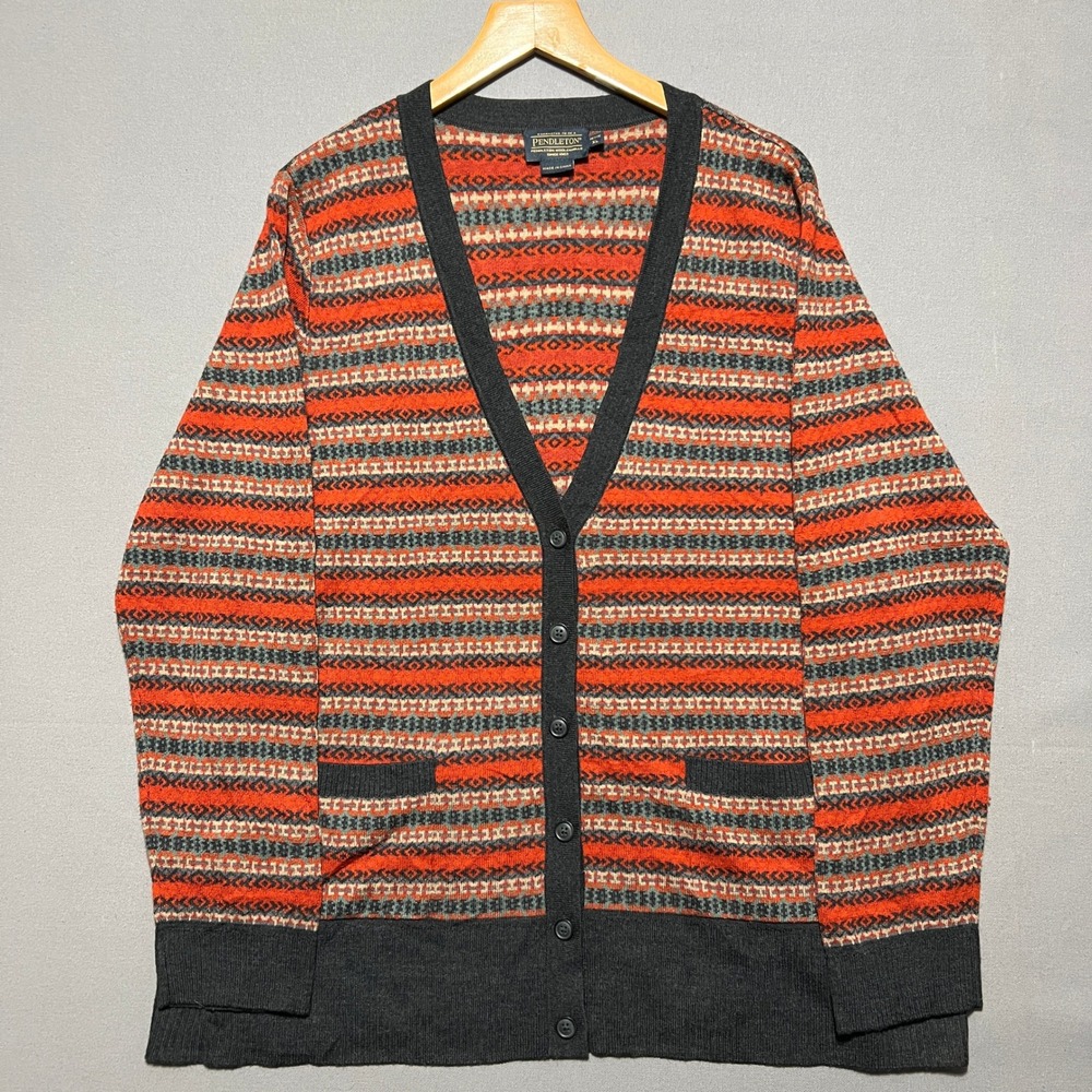 Pendleton Petite XL Cardigan Orange Gray Fair Isle Geometric Button Sweater